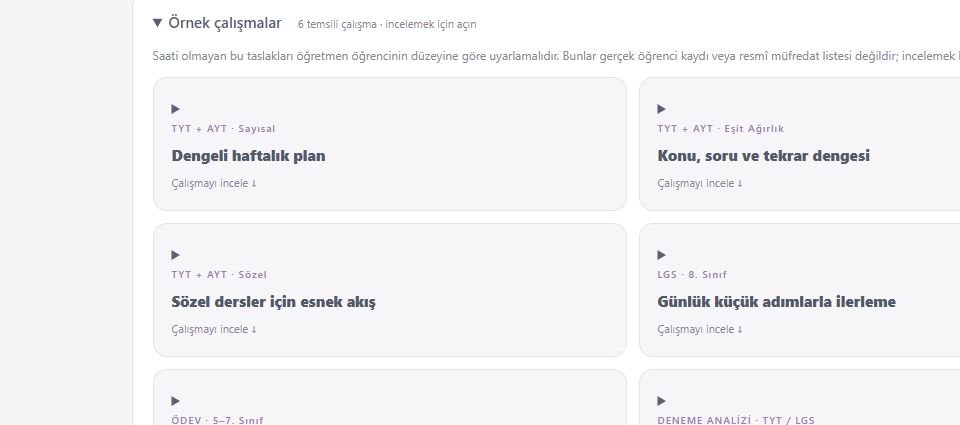 Edükoç örnek çalışma kütüphanesi: sayısal, eşit ağırlık, sözel, LGS, ödev ve deneme analizi